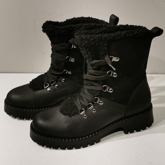 Bootlegger Black Military Combat Lace Up Sherpa Leather Boots - Picture 1 of 10